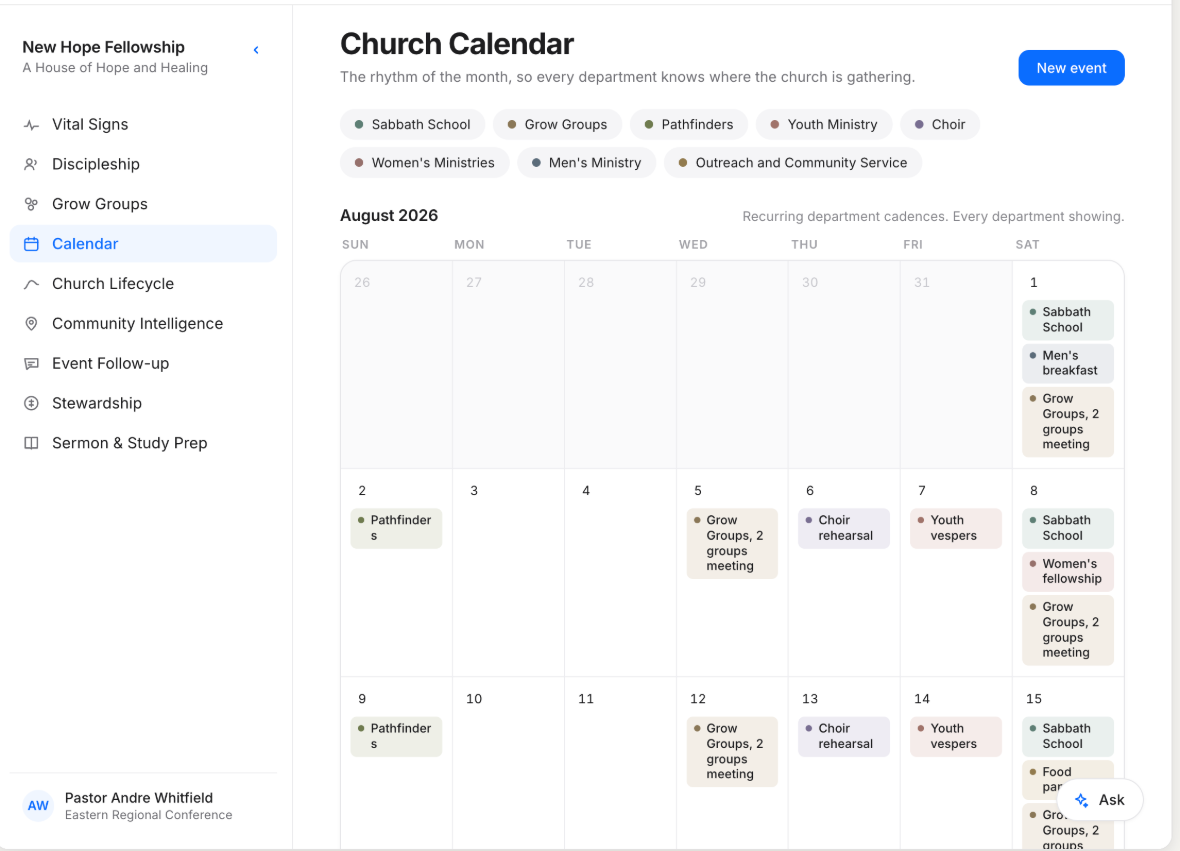 Church Calendar for August 2026 with the department chips above the grid.