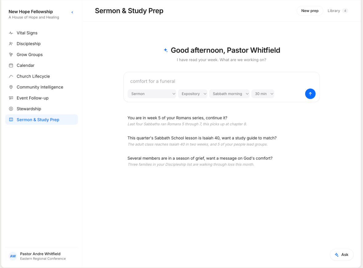 Sermon and Study Prep opening with a greeting that reads I have read your week, a composer, and three suggestions drawn from the church's own week.